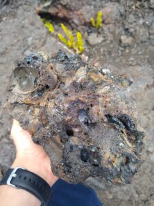 A hand holding a shiny, vesicular rock
