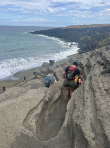 Our group hiking down to the green sand beach