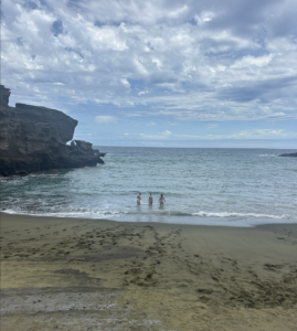 Looking out the the green sand beach where some of our class is swimming in the water